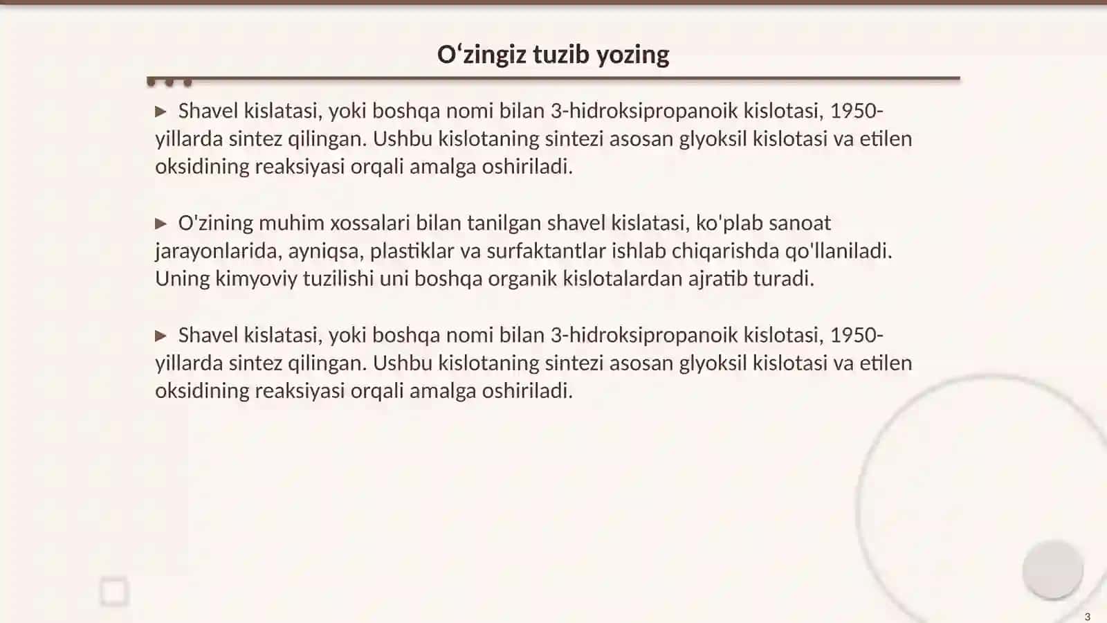 Shavel kislatasi sintezi va uning xossalari 3