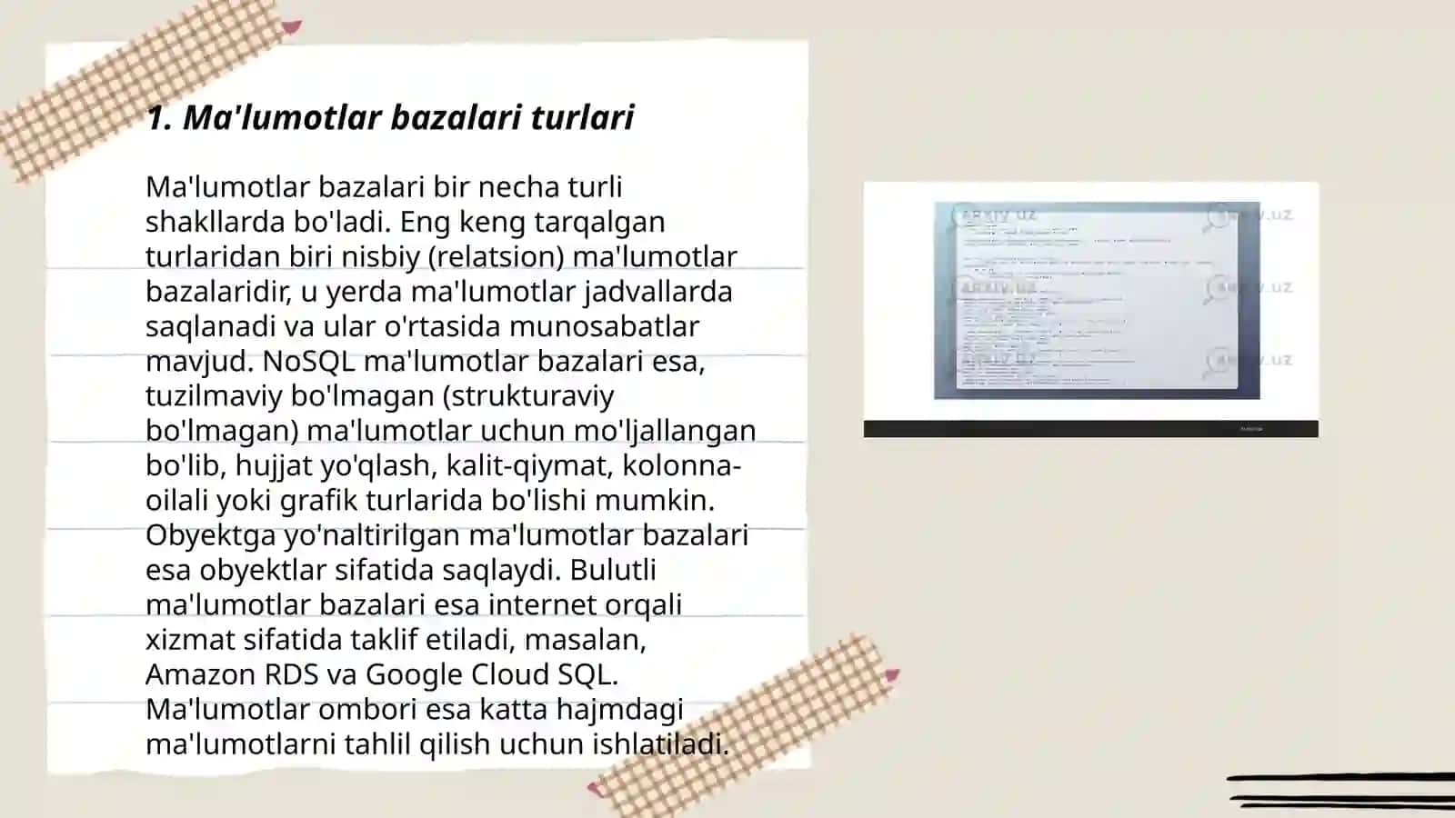 Ma'lumotlar bazalari va katta hajimdagi ma'lumotlar bilan ishlash texnologiyalari 3