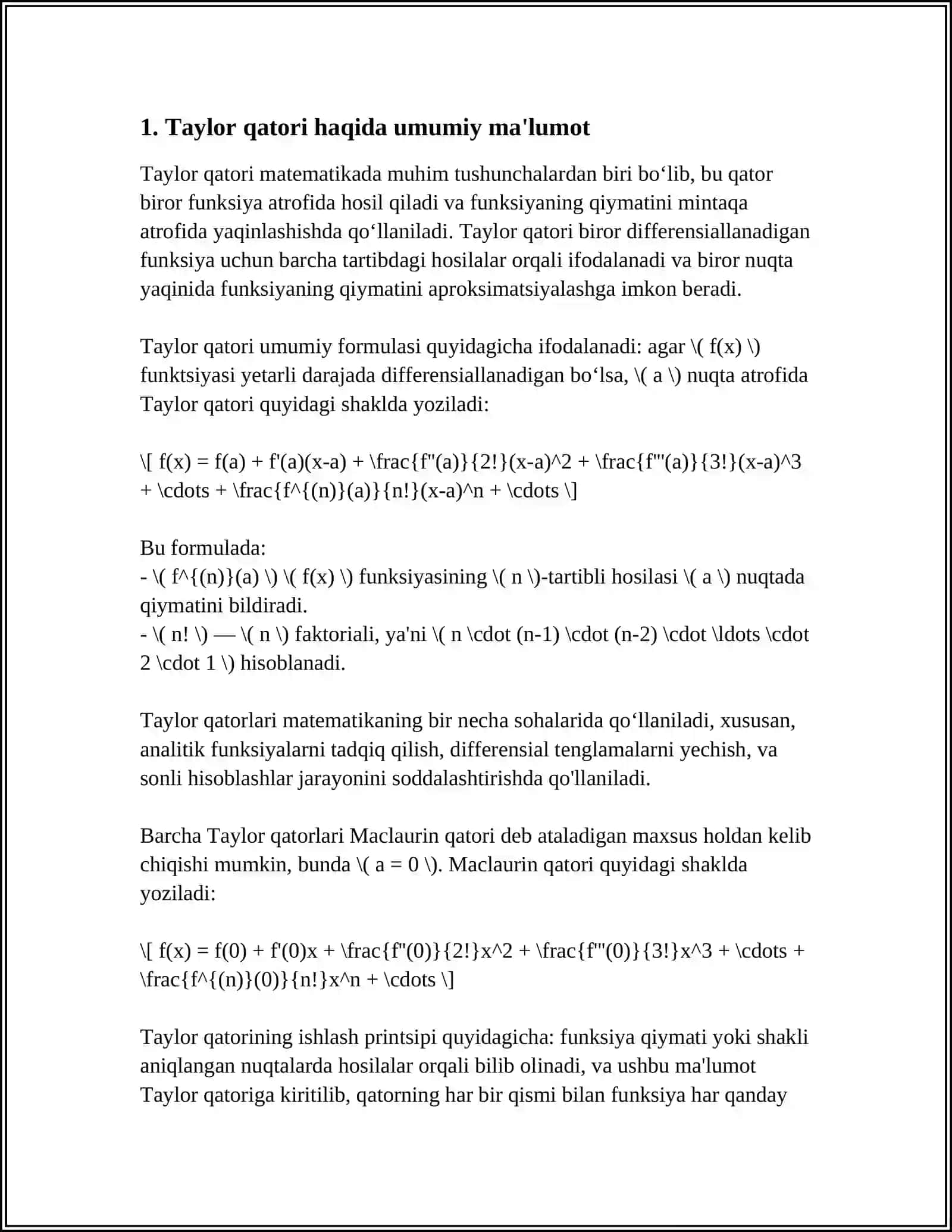 FUNKSIYALARNI TEYLOR VA MAKLOREN QATORLARIGA YOYISHGA MISOLLAR LOPITAL QOIDASI 3