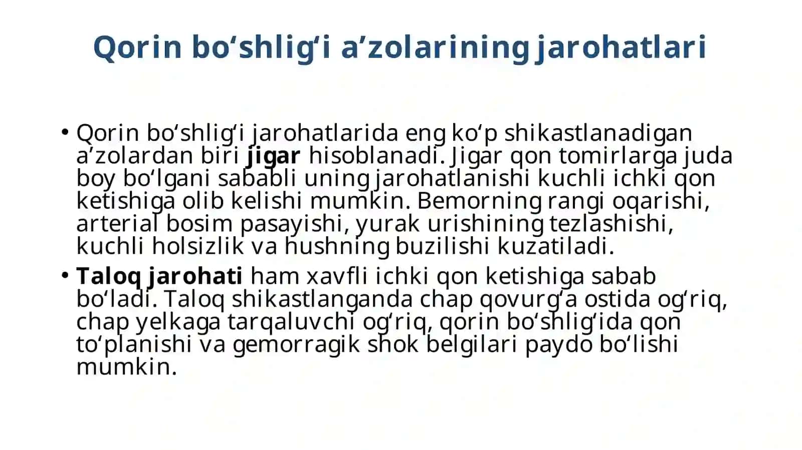 Qorin Bo'shlig'i va Qorin Orti Sohasi A'zolarining Jarohatlari Hamdame'da-Ichak Traktidan Qonketishlaridagi Shoshilinch Xirurgik Holatlar 3