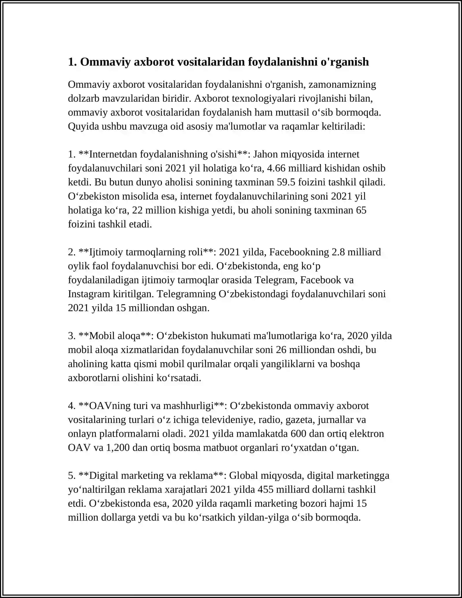 MEDIA SAVODXONLIKNI RIVOJLANTIRISHNING YOʻLLARI MUSTAQIL ISH 3