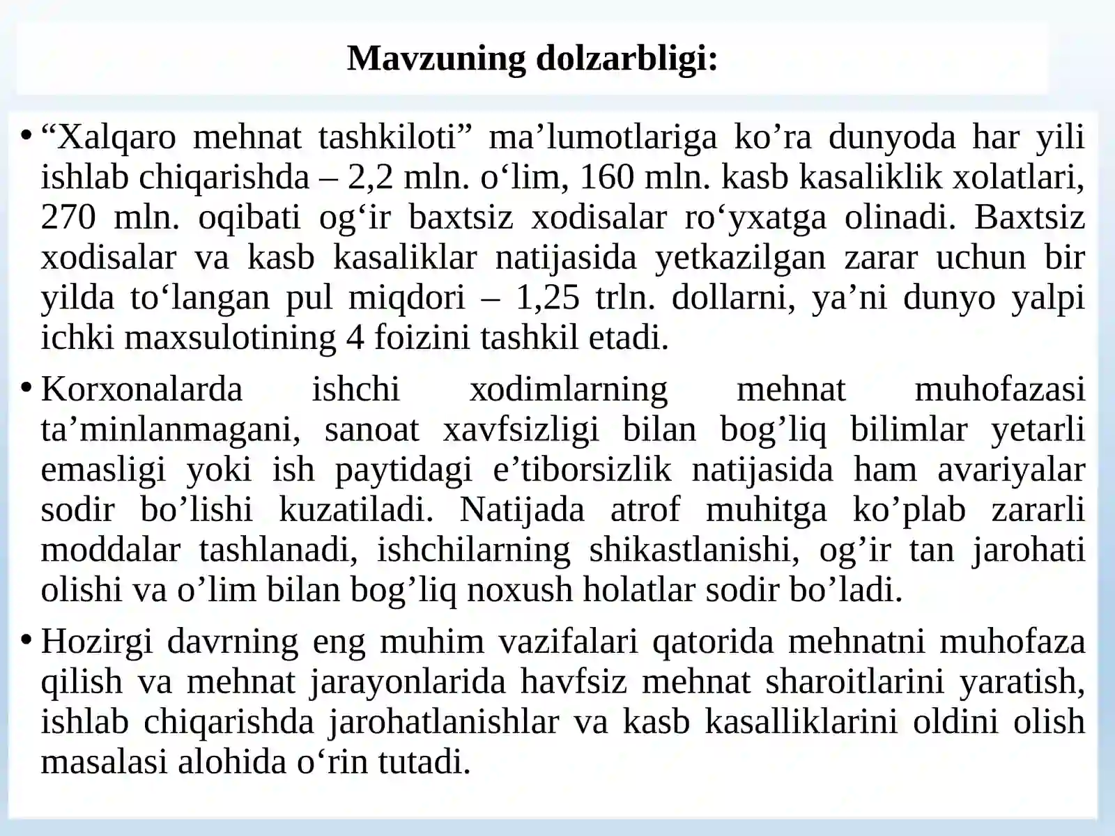 ISHLAB CHIQARISHDA SODIR BO’LADIGAN BAXTSIZ XODISALAR VA KASB KASALLIKLARI 3