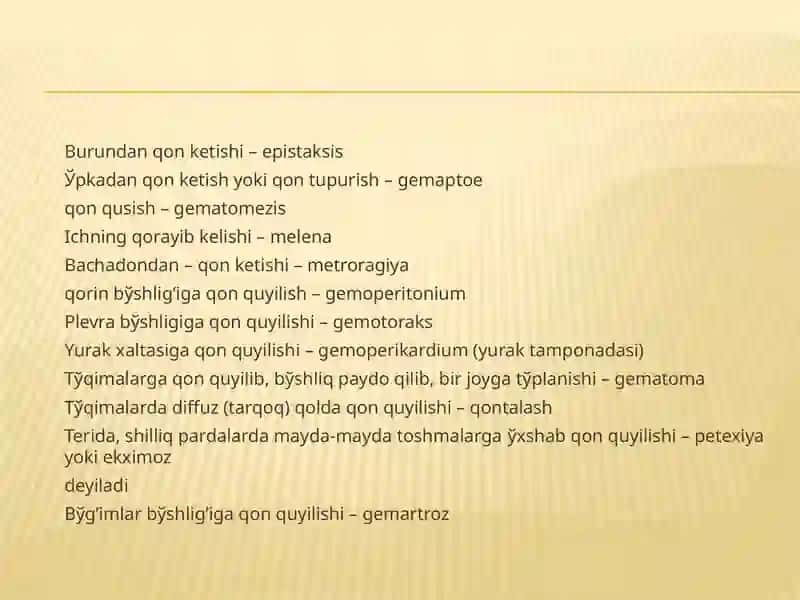 Gemorragik sindrom. Massiv qon yo’qotish. Gomologik qon, DVS sindromi klinikasi, diagnostikasi. Tez tibbiy yordam ko’rsatish usullari. UASH taktikasi. 3