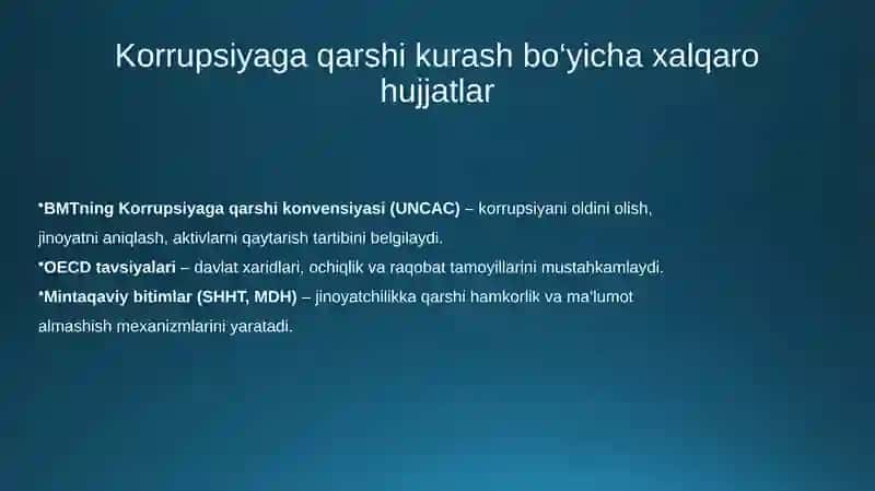 Korrupsiyaga qarshi kurash bo‘yicha xalqaro qonunlar va qarorlarning O‘zbekistonda ratifikatsiya qilinishining ahamiyati, iqtisodiy-siyosiy va ijtimoiy huquqiy mexanizmlari 3