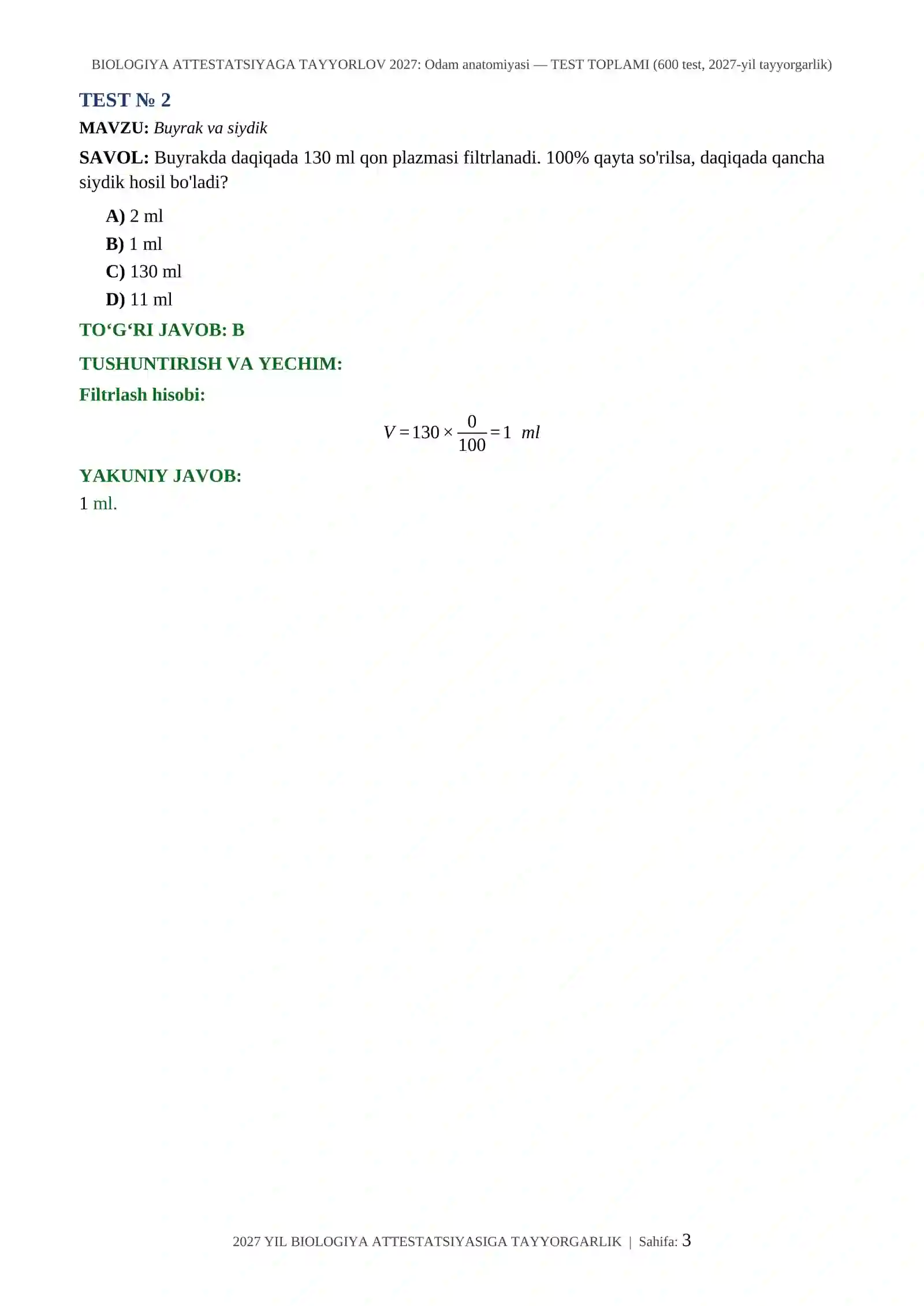 BIOLOGIYA ATTESTATSIYAGA TAYYORLOV 2027: Odam anatomiyasi — TEST TOPLAMI (600 test, 2027-yil tayyorgarlik) 3