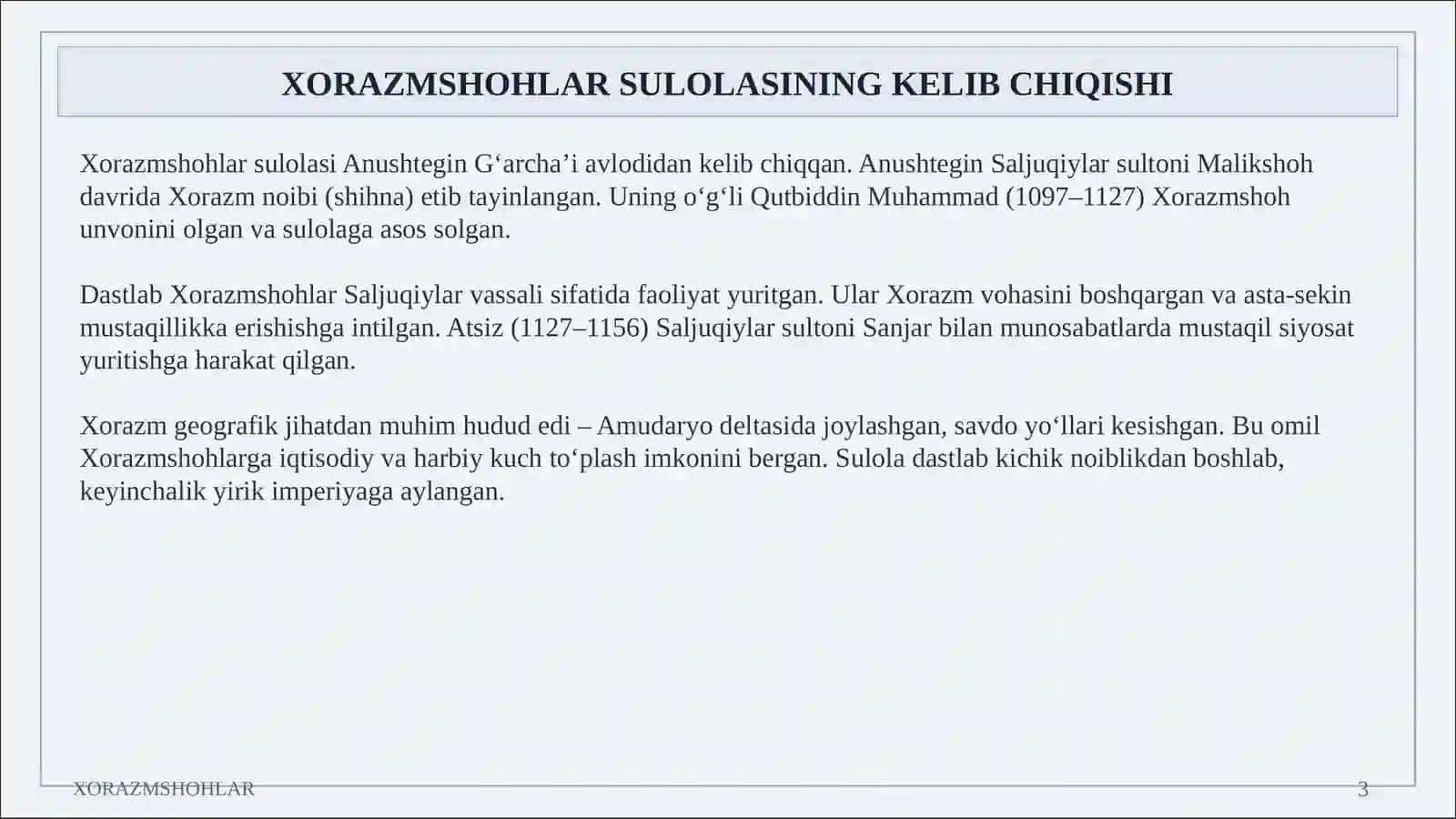 Xorazmshohlar davlatining shakllanishi va siyosiy yuksalishi, Sulolaning kelib chiqishi, kuchayishi va Alouddin Muhammad davridagi yuksalish, Ma’muriy tizim, iqtisodiy hayot, harbiy tuzilma va tashqi munosabatlar, Madaniy hayot, mo‘g‘ullar istilosi, Jaloliddin Manguberdi va tarixiy ahamiyat 3
