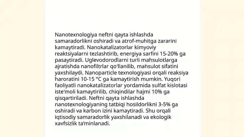 Neftni qayta ishlashda nanotexnologiyadan foydalanish. Neft mahsulotlarining Davlat standartlari 3