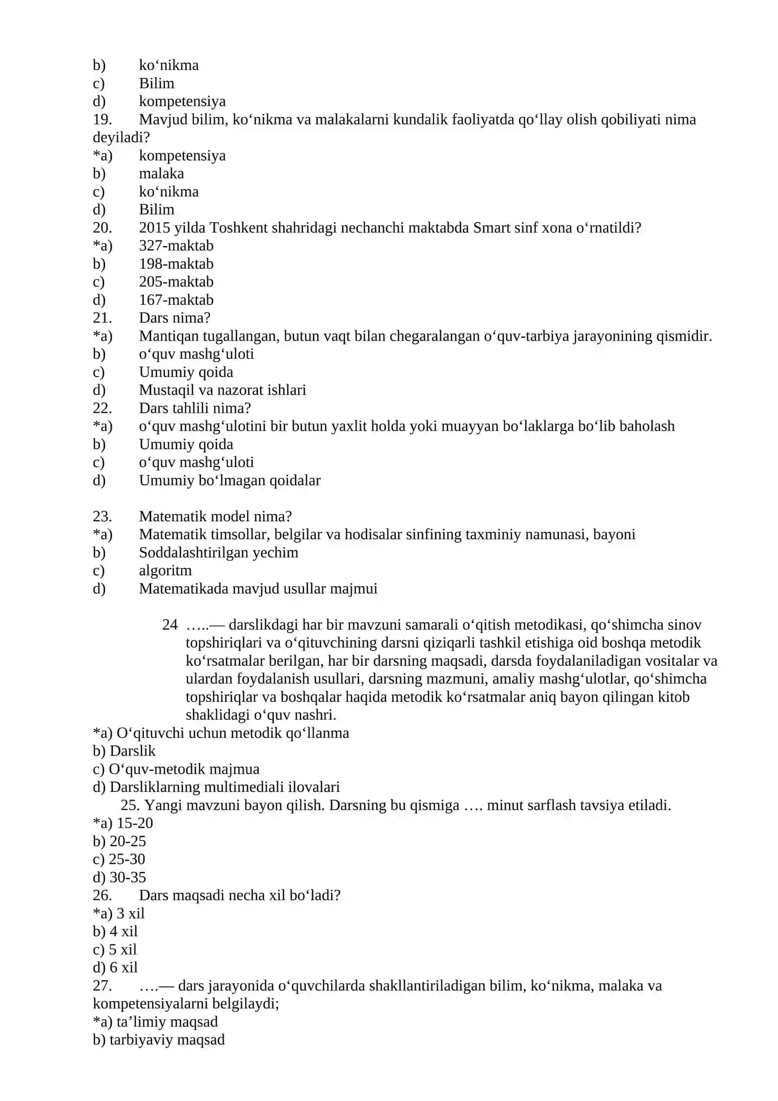 Matematika fanidan mutaxasislik testlari 3