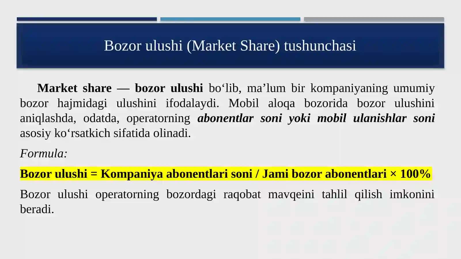 “Mobil aloqa operatorlarining bozor ulushi tahlili (Market Share) 3