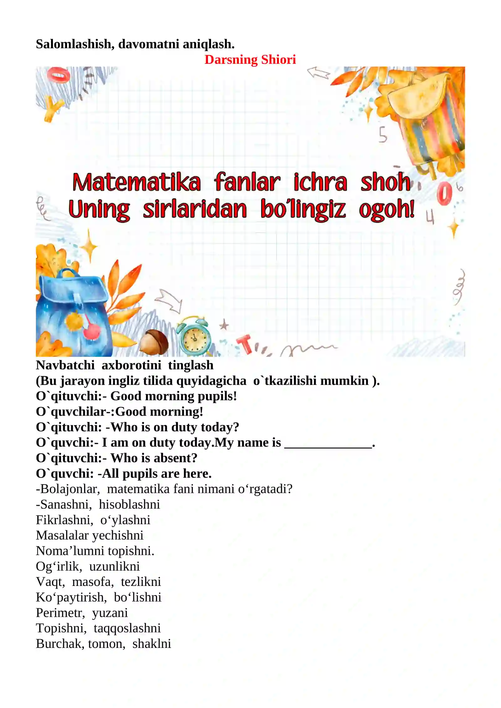 Masalalar yechish mavzusida 3-sinf Matematika fanidan dars ishlanmasi 3