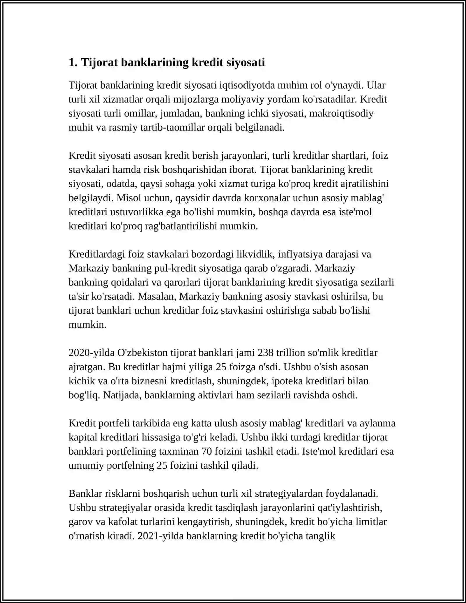 MUSTAQIL ISH Mavzu: TIJORAT BANKLARINING AKTIV OPERATSIYALARI 3