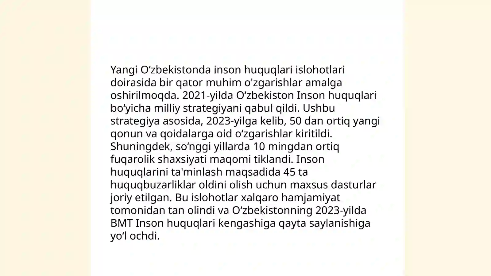 Yangi Oʻzbekistonda inson haq-huquqlari va erkinliklari kafolatlarining yaratilishi 3