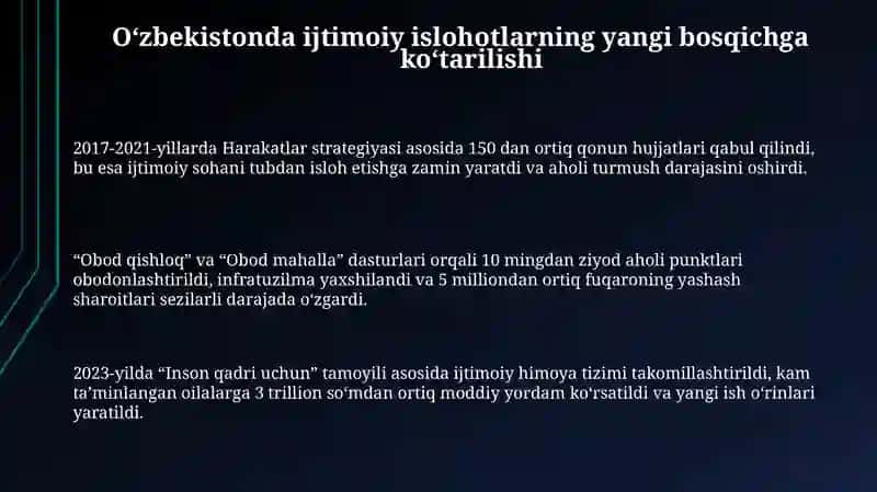 O'zbekistonda ijtimoiy islohotlarning yangi bosqichga ko'tarilishi 3