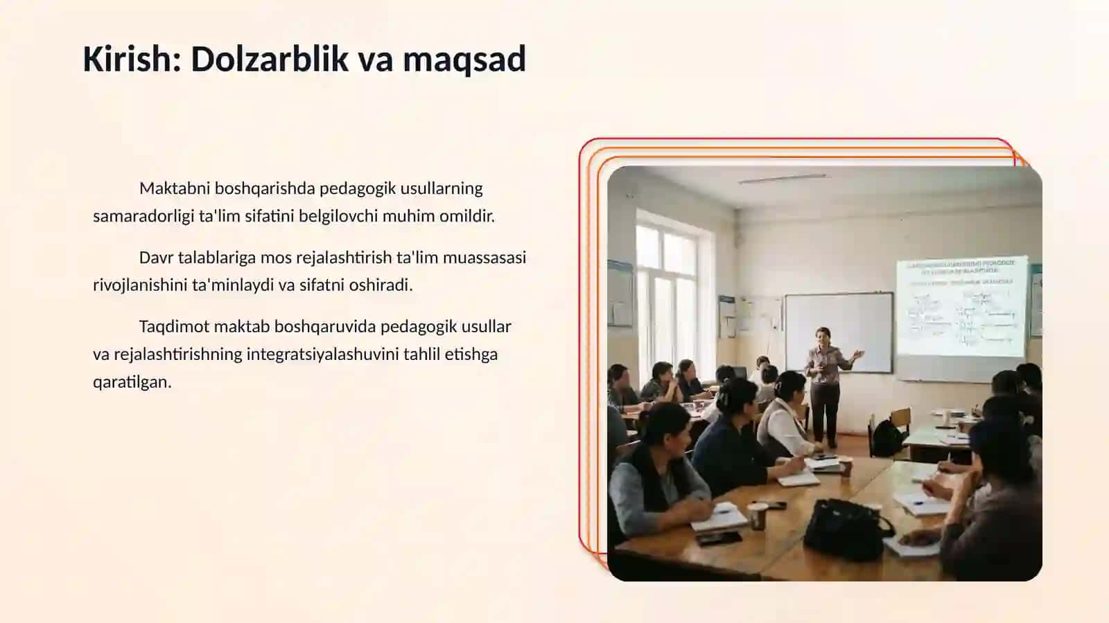 Maktabni boshqarishdagi pedogogik usullari va rejalashtirish mavzusida taqdimot kerak 15 ta lustdan iboray jadval va rasmlar bulsin mavzuga doir 3