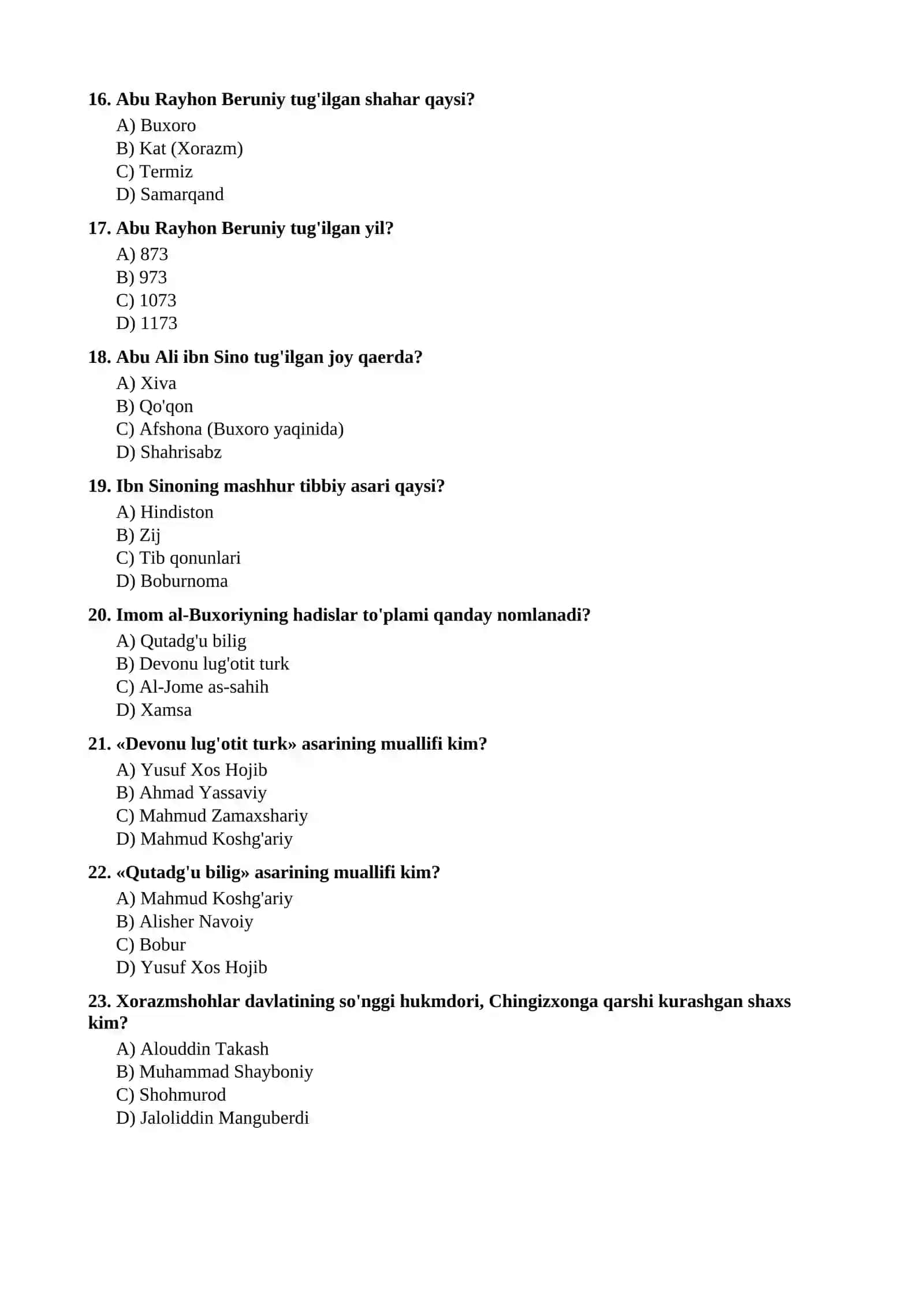 TARIXDAN TEST SAVOLLARI 3