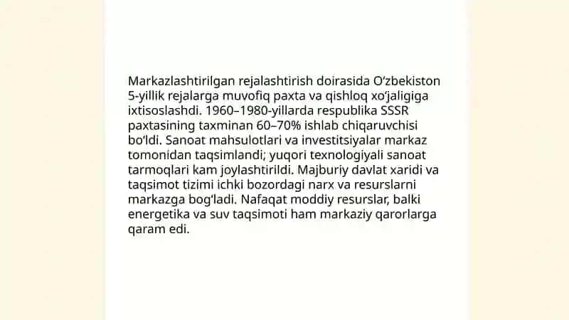 Sovet hukumronligi davrida Òzbekistonning markaziga ijtimoiy siyosiy va iqtisodiy qaramligi va uning oqibatlari 3
