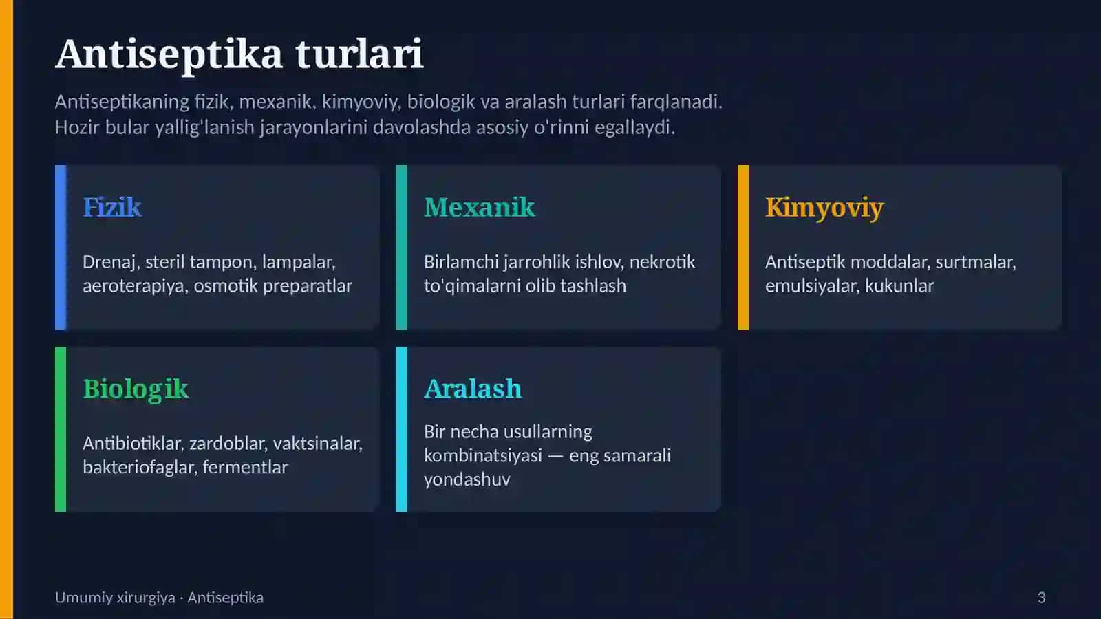 Antiseptika. Mexanik va fizik antiseptika usullari. Kimyoviy, biologik va aralash antiseptika usullari. 3
