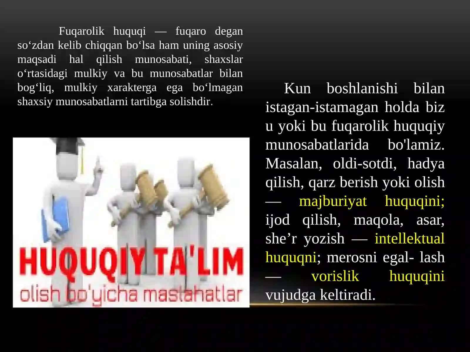 10-sinf Huquq fanidan Fuqarolik huquqi asoslari mavzuda dars taqdimoti 3