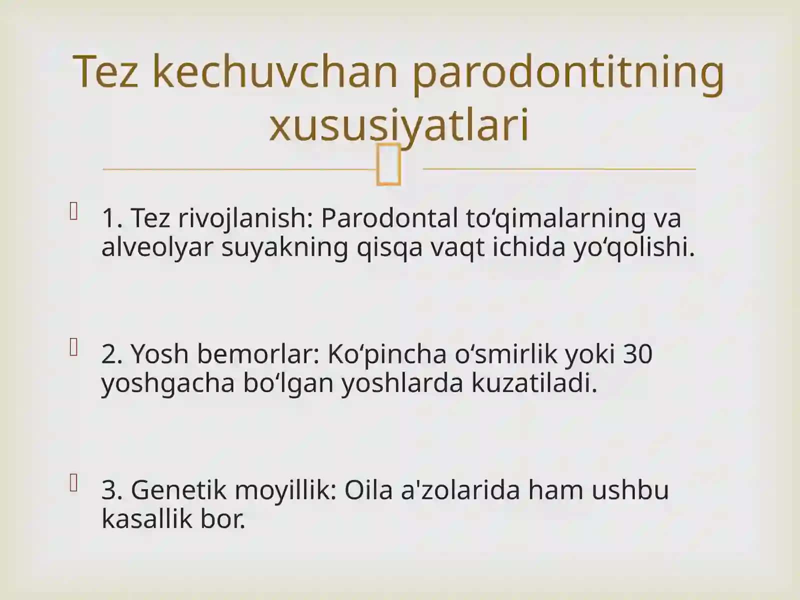 Tez kechuvchan parodontitlar.Endoparodontal shikastlanishlar.Klinikasi qiyosiy tashxisi 3