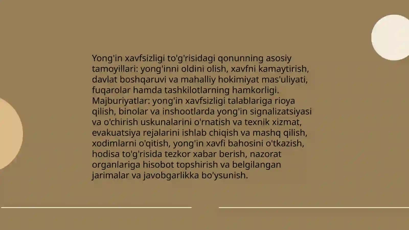 Oʻzbekiston respublikasining yongin va portlash xavfsizligi boyicha meyoriy hujjatlari talablarini organish (Yongin xavfsizligi togrisidagi qonun va boshqalar) 3