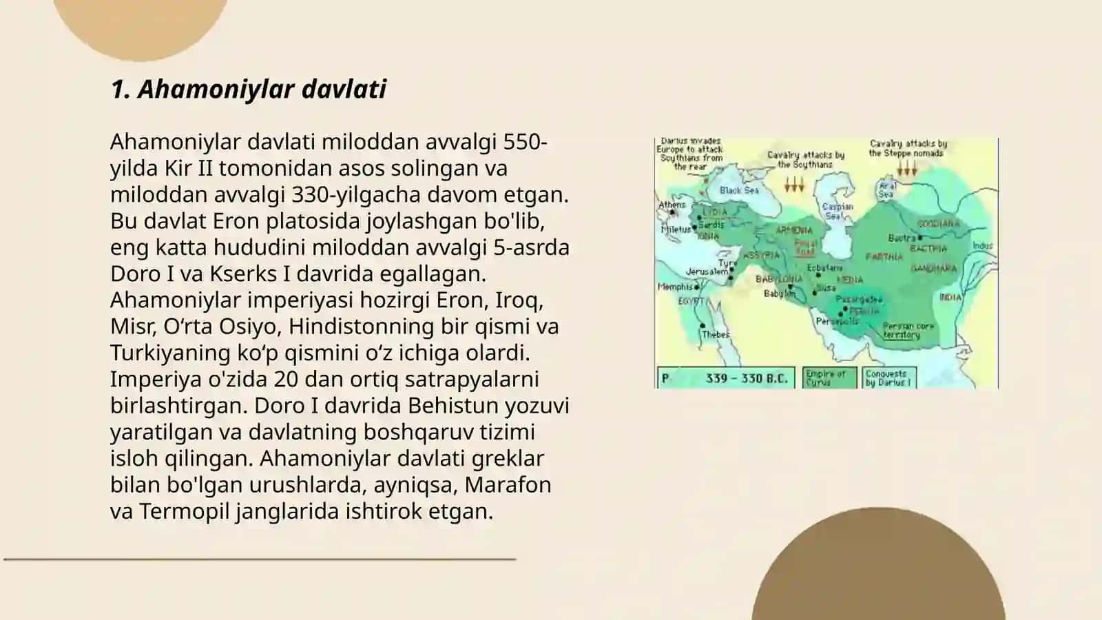 Ahamoniylar va Aleksandr Makedonskiy yurishlari davrida Oʻrta Osiyo 3