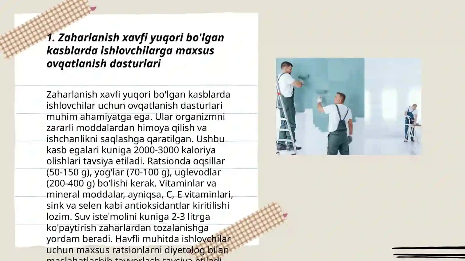 Zaharli kasbda ishlovchi ishchilarga davolovchi profilaktik ovqatlar berish va ularga gigienik talablar 3