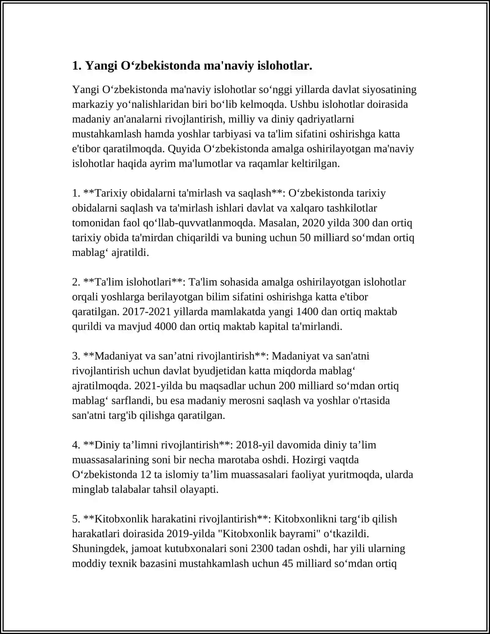 YANGI OʻZBEKISTONDA AMALGA OSHIRILAYOTGAN MA'NAVIY OʻZGARISHLAR Referat 3
