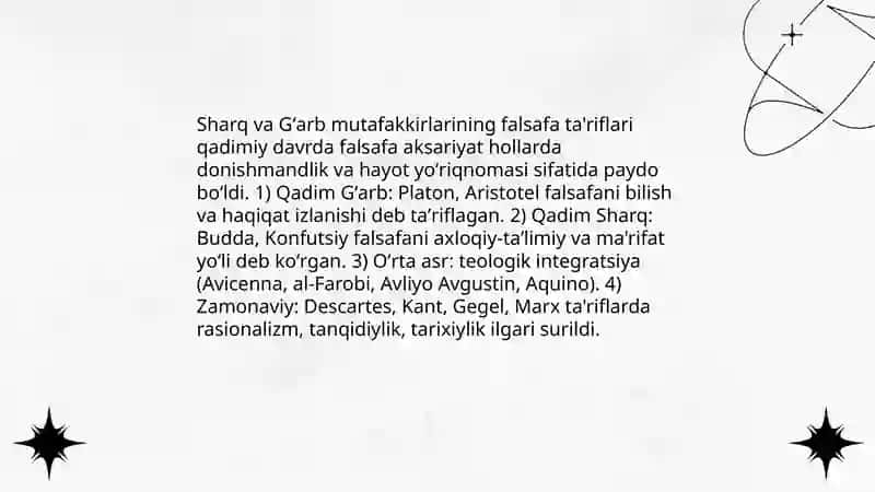 Falsafaning mazmuniga oid Sharq va Gʻarb mutafakkirlarining ta'riflarini tasniflash 3