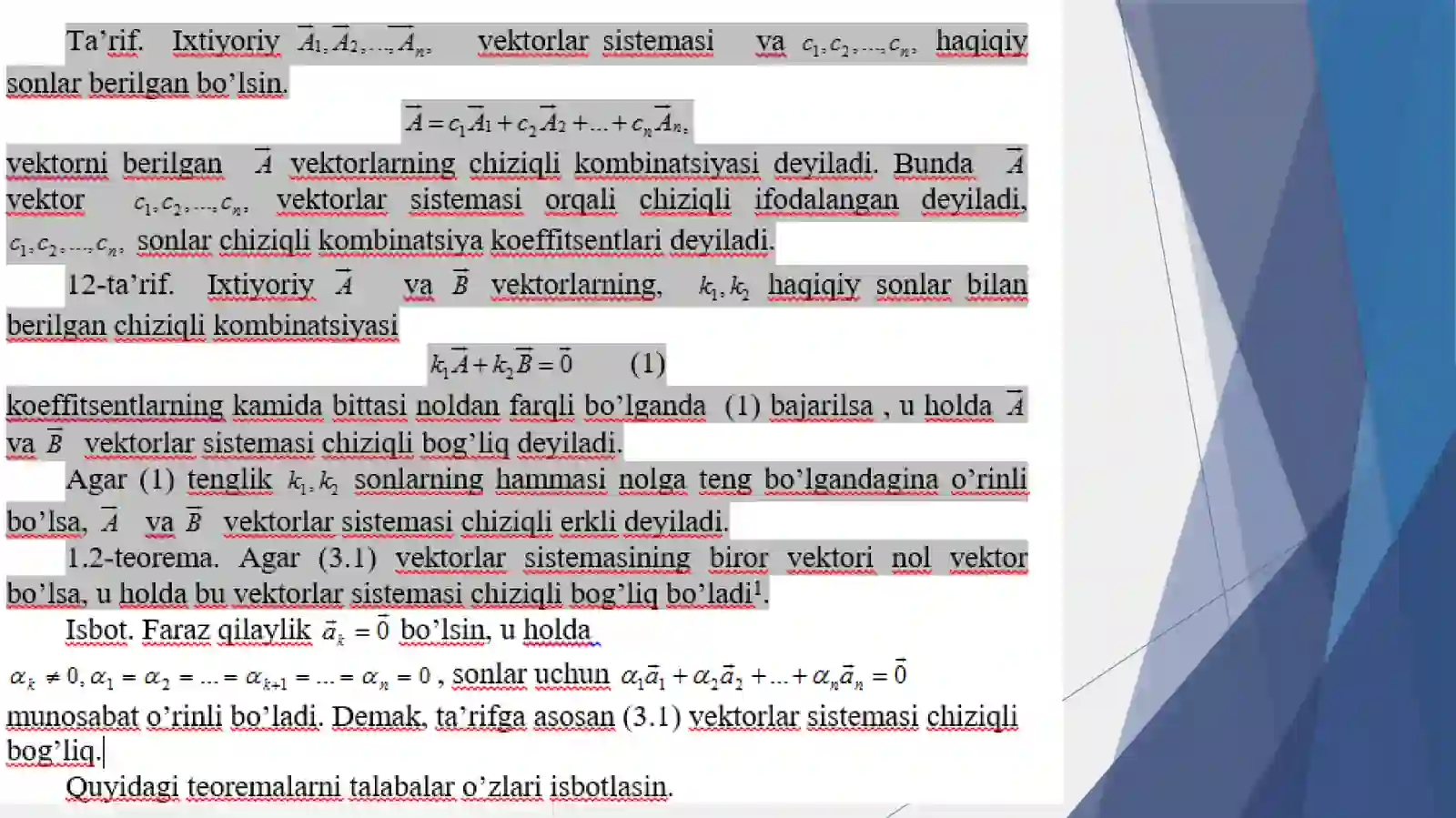 Chiziqlierklivachiziqlibog’liqvektorlarortogоnalvaortonormalbazis 3