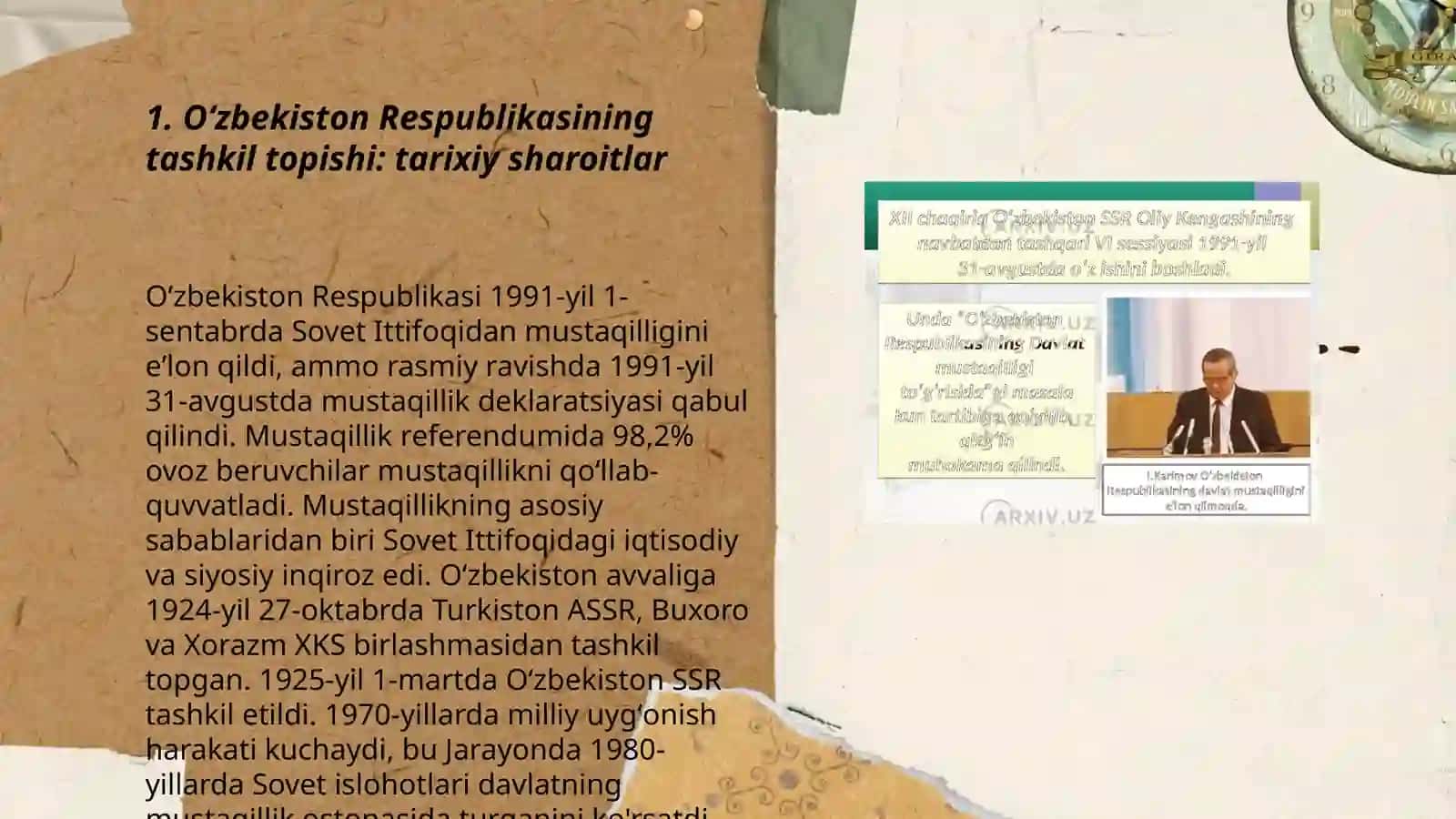 Ôzbekiston Respublikasining tashkil topishi va uning tarixiy ahamiyati. Ôzbekistonning ôziga xos istiqlol va taraqqiyot yôli 3