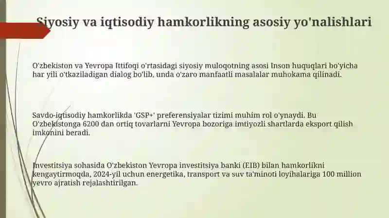 O'zbekistonning Yevropa Ittifoqi mamlakatlari bilan istiqbolli hamkorliklari 3