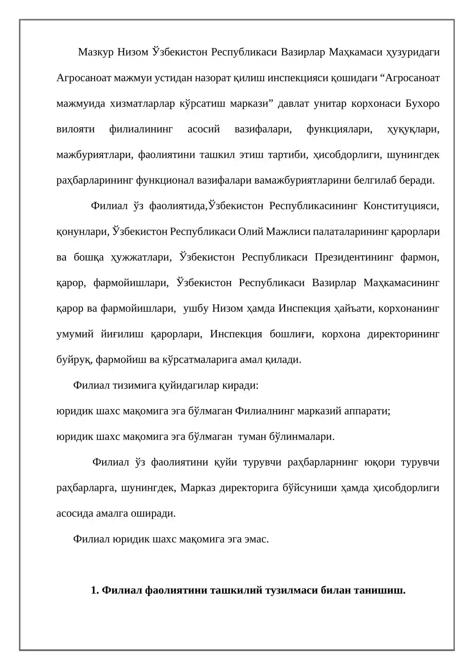 АГРОСАНОАТ МАЗҲМУИДА ҲИЗМАТЛАРЛАР КЎРСАТИШ МАРКАЗИ ДАВЛАТ УНИТАРЙ КОРҲОНАСИ ________ ВИЛОЯТИ-ФИЛИАЛИ-АМАЛИЁТ-ИШИ-ҲИСОБОТИ 3