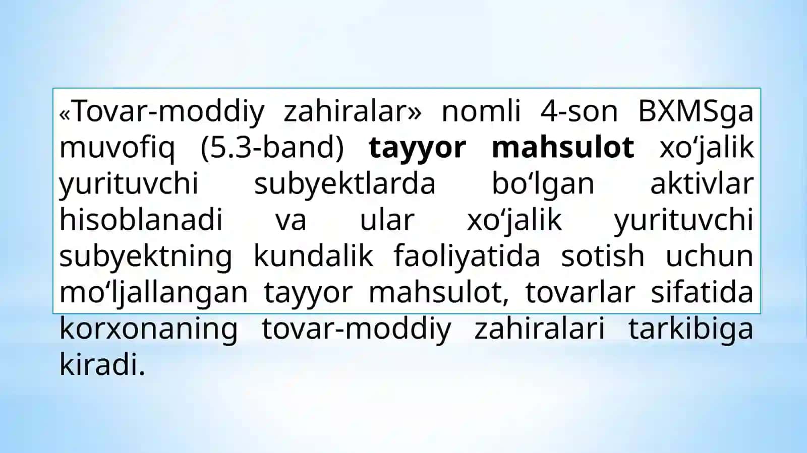 Tayyor maxsulot, bajarilgan ish va ko‘rsatilgan xizmatlarni sotilishining hisobi 3