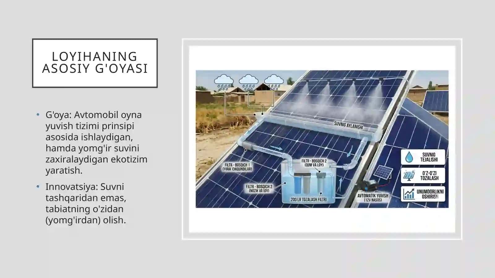 Yomg'ir suvini filtratsiya qilish va avtomobil oyna yuvish texnologiyasi asosida quyosh panellarini avtomatlashtirilgan holda tozalash eko-tizimi. 3