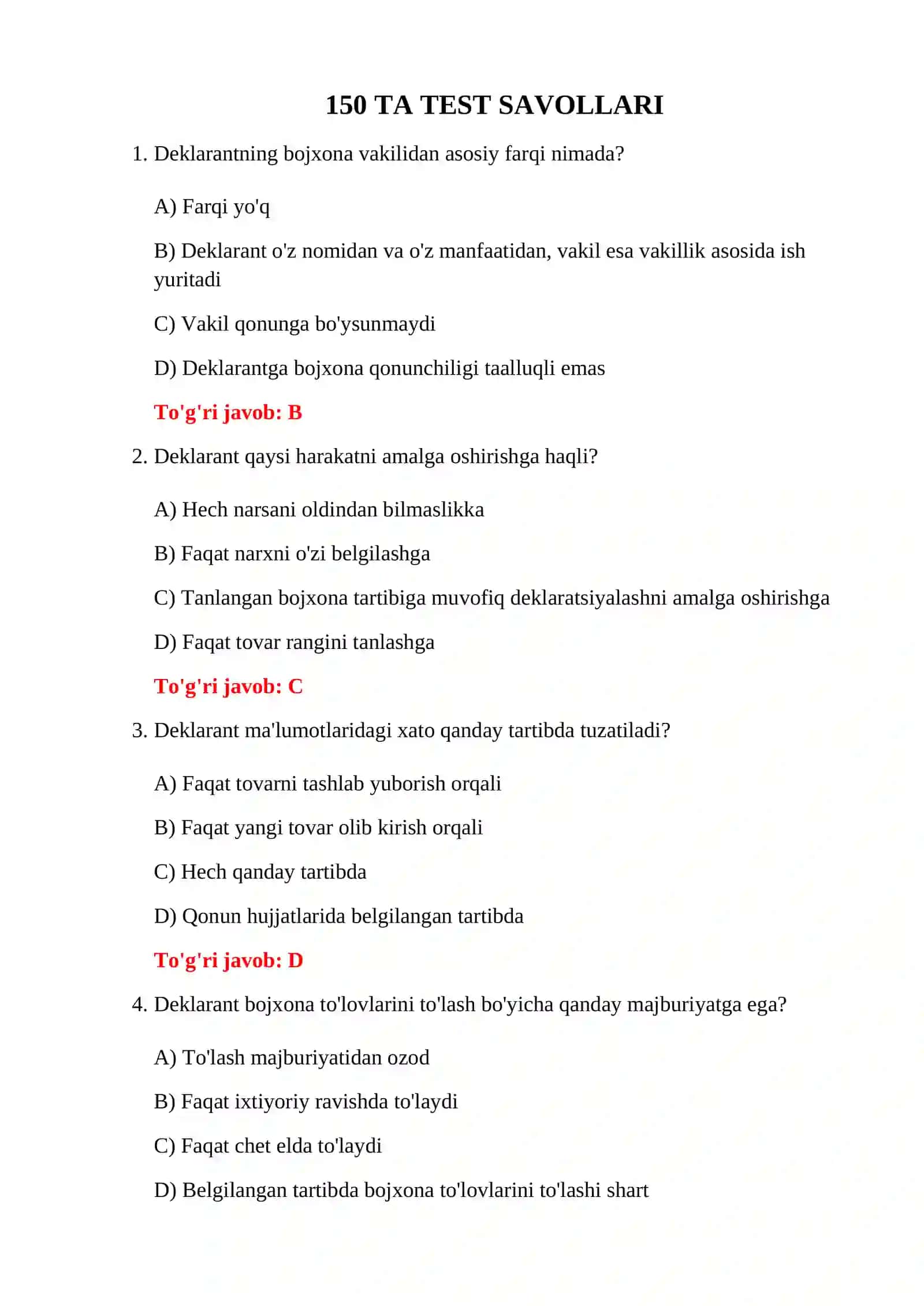 BOJXONA KODEKSI BO'YICHA TESTLAR 3