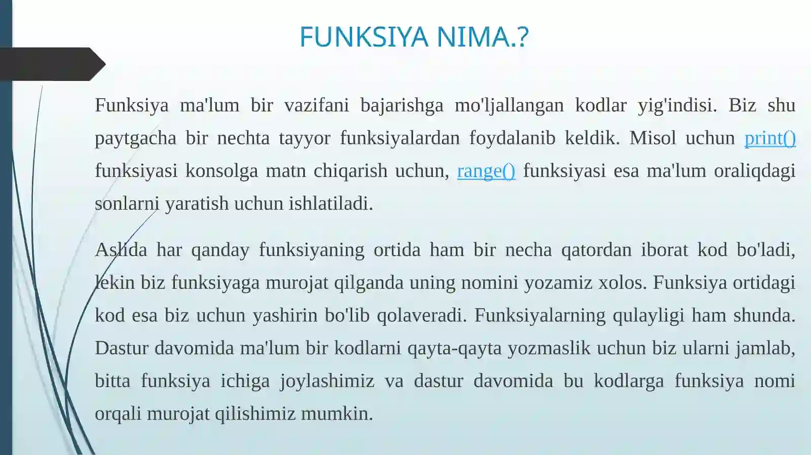 PYTHON DASTURLASH TILIDA DEF FUNKSIYASI. PYTHONDA FUNKSIYALARNI TEKSHIRISH UNITTEST MODULI. 3