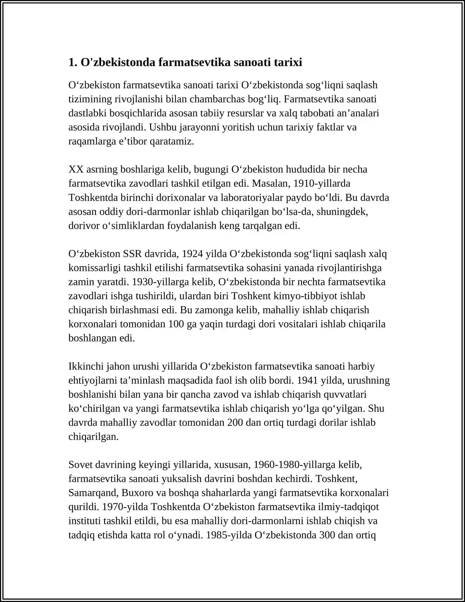 MUSTAQIL ISH Mavzu: O’ZBEKISTONDA FARMASEVTIK ISHLAB CHIQARISH KORXONALAR VA ULARNING TURLARI 3