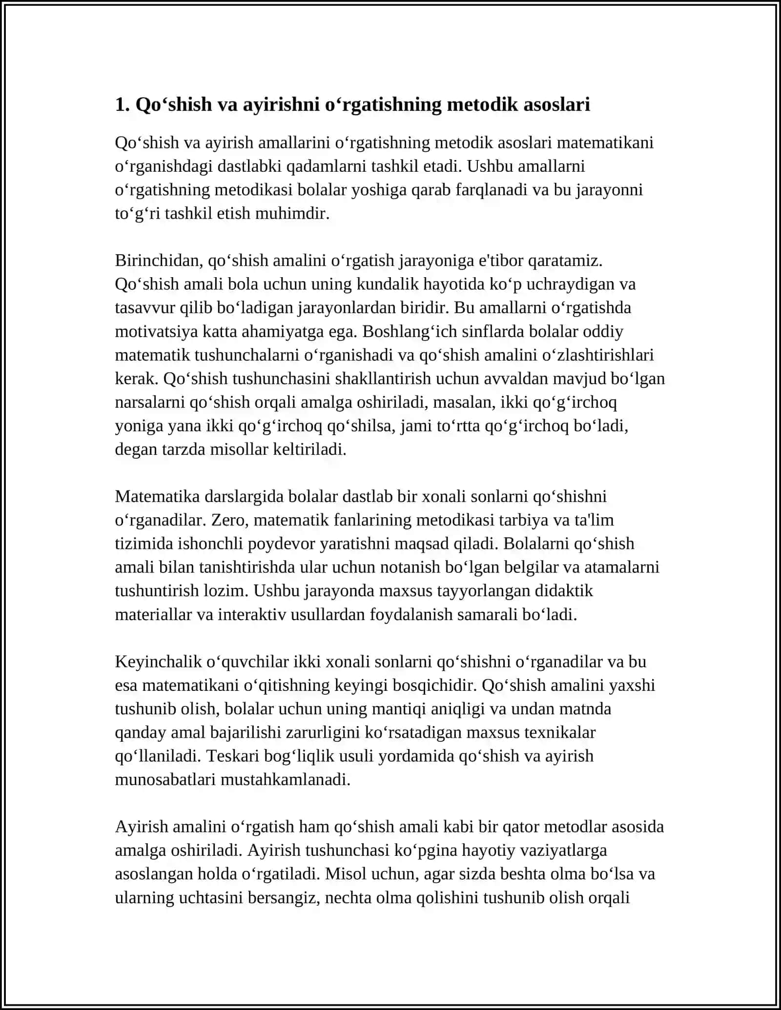 QO‘SHISH, AYIRISH, BO‘LISH, KO‘PAYTIRISH VA QOLDIQLI BO‘LISHGA O‘RGATISH METODIKASI 3