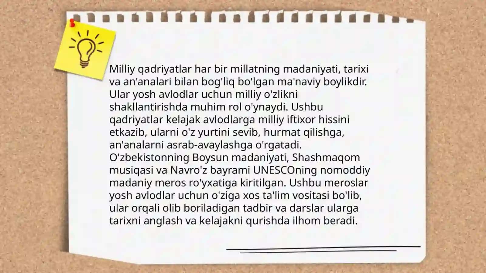 Kelajakni milliy qadriyatlar bilan quramiz mavzusi boʻyicha taqdimot kerak 3