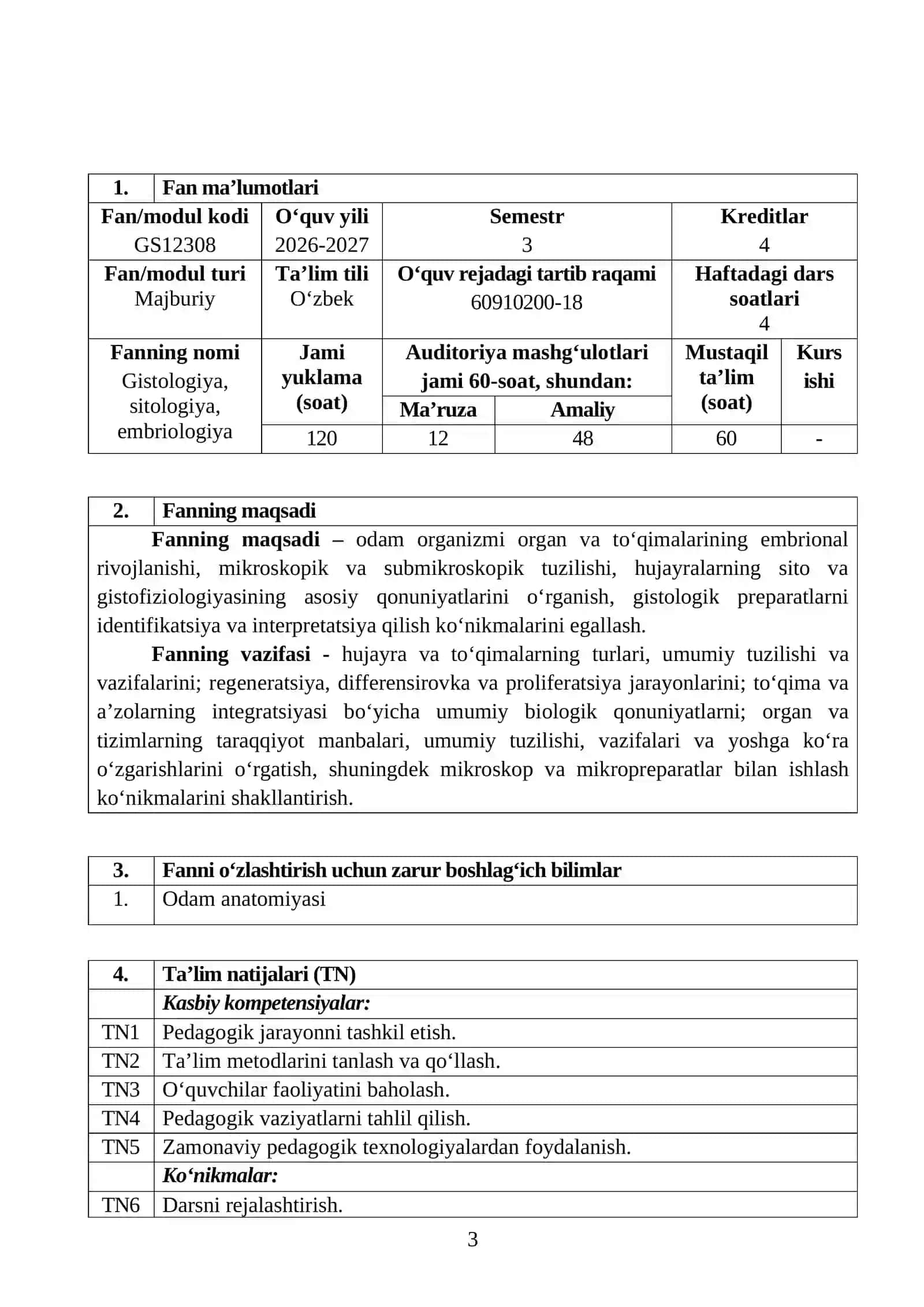GISTOLOGIYA, SITOLOGIYA, EMBRIOLOGIYA FANINING O‘QUV DASTURI 3