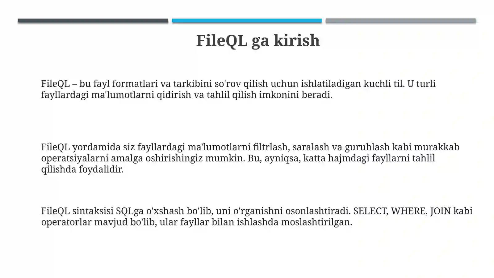 Fayl QL – bu fayl formatlari va tarkibini so'rov qilish uchun ishlatiladigan kuchli til 3