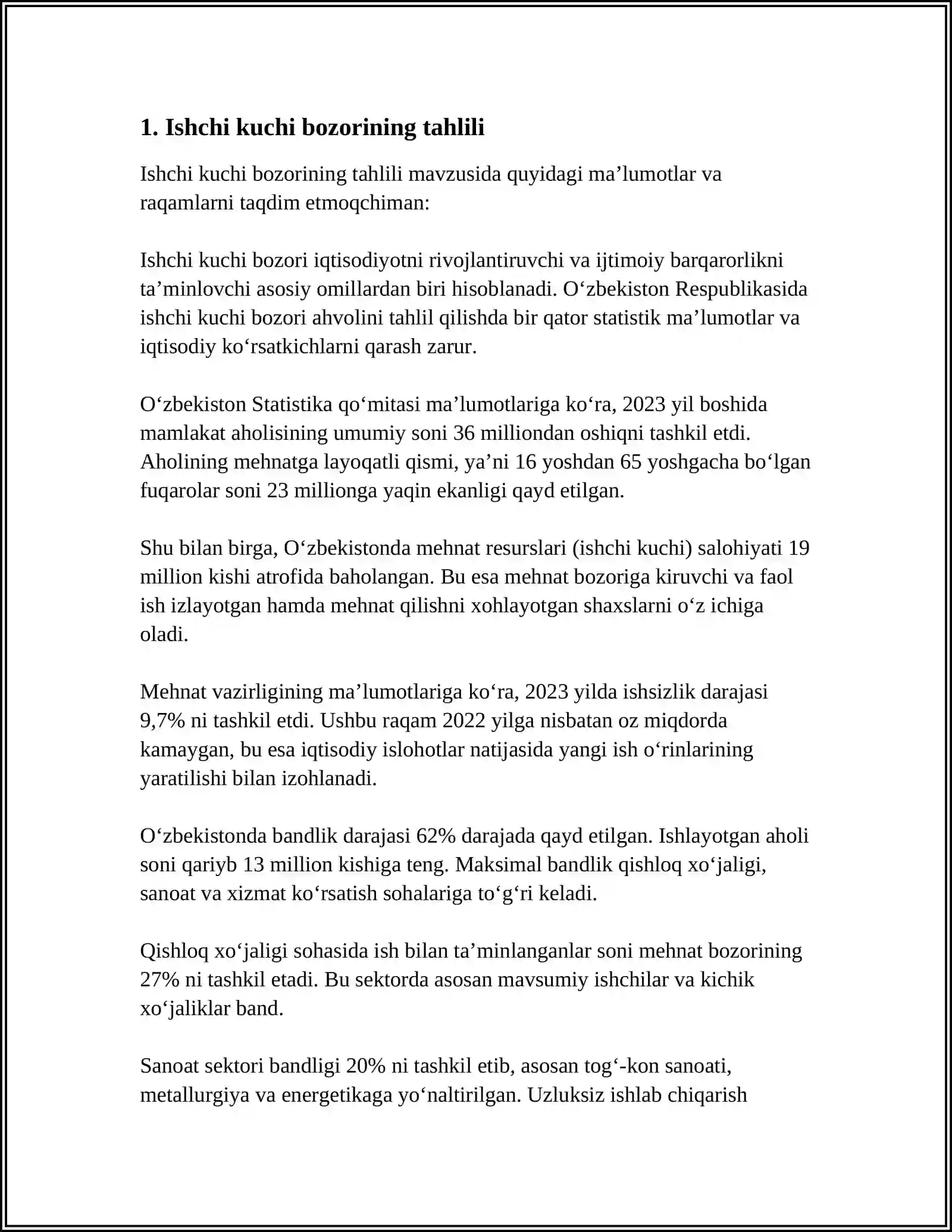 ISHCHI KUCHI, UNING BANDLIGI VA ISHSIZLIK 3