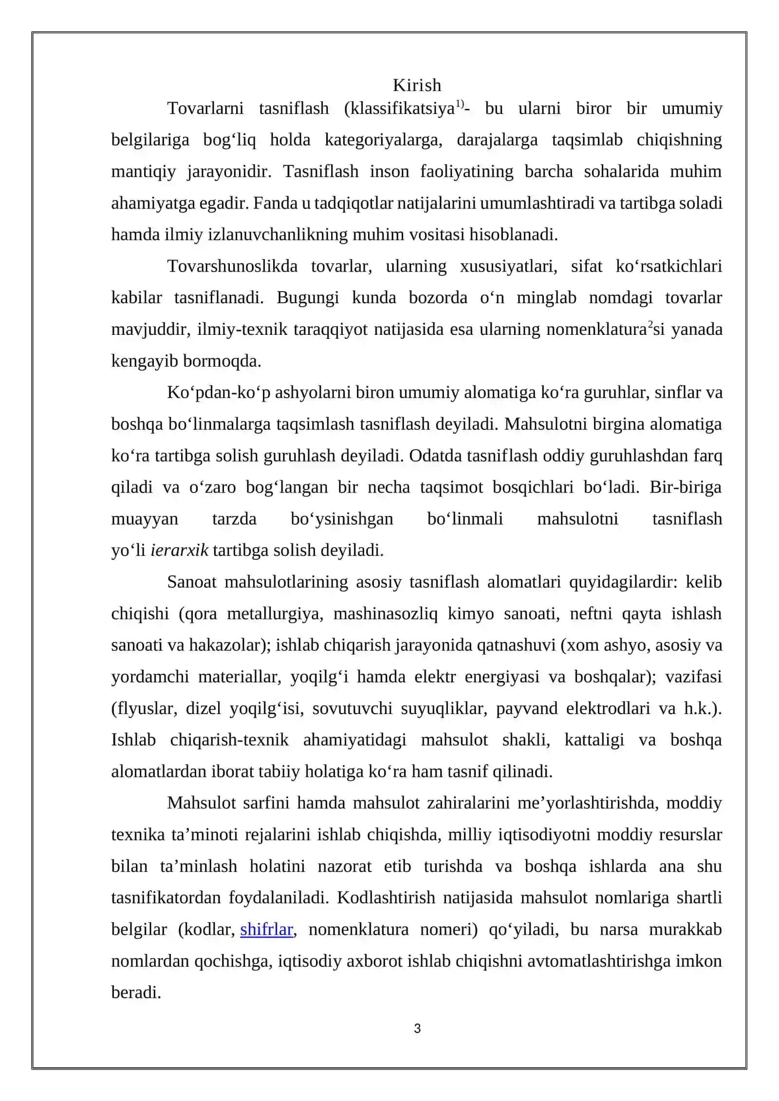 TOVAR TASNIFLANISHINI ASOSIY TURLARI KURS ISHI 3