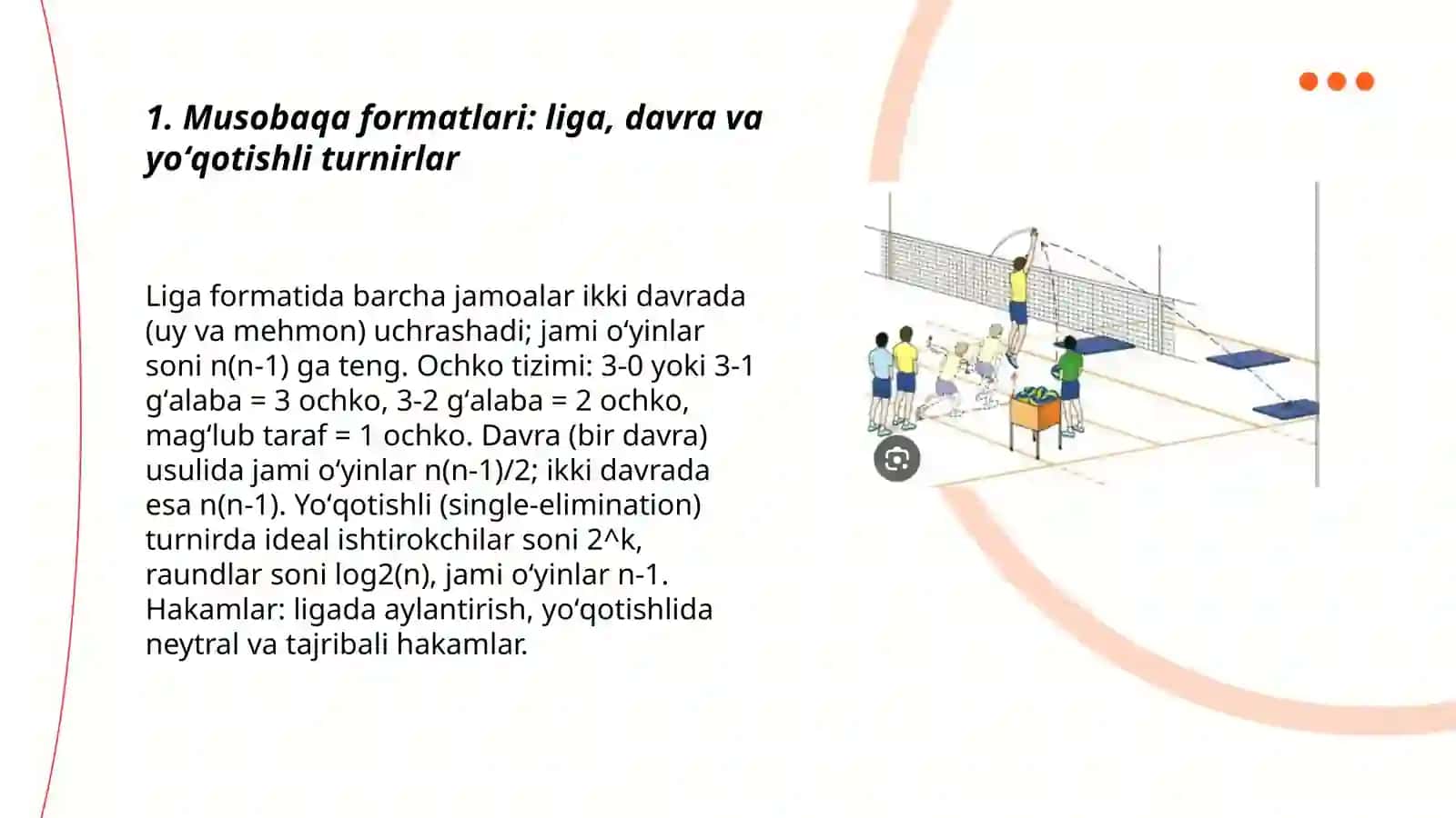 Voleybol boʻyicha musobaqalar oʻtkazish usullari va hakamlik qilish 3