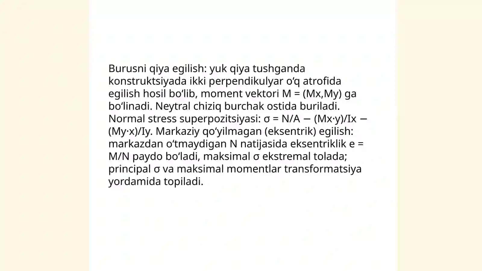 Burusni qiya egilishga va markaziy qoyilmagan boylama egilishga hisoblash 3