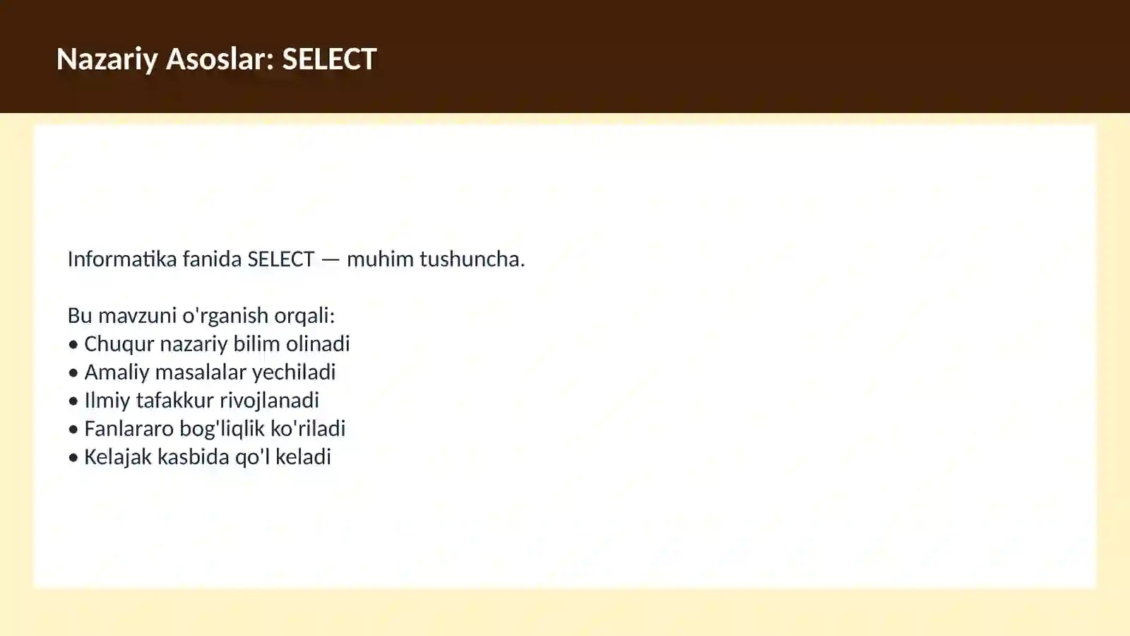 SQL O'qituvchilar va talabalar uchun dars ishlanma 3