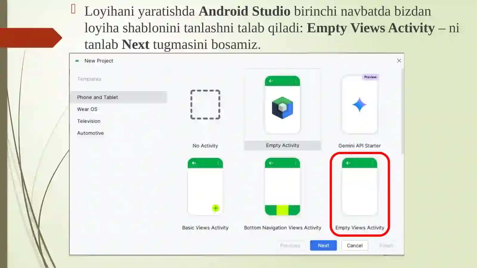 “Androidstudio”dagi birinchi loyiha 3