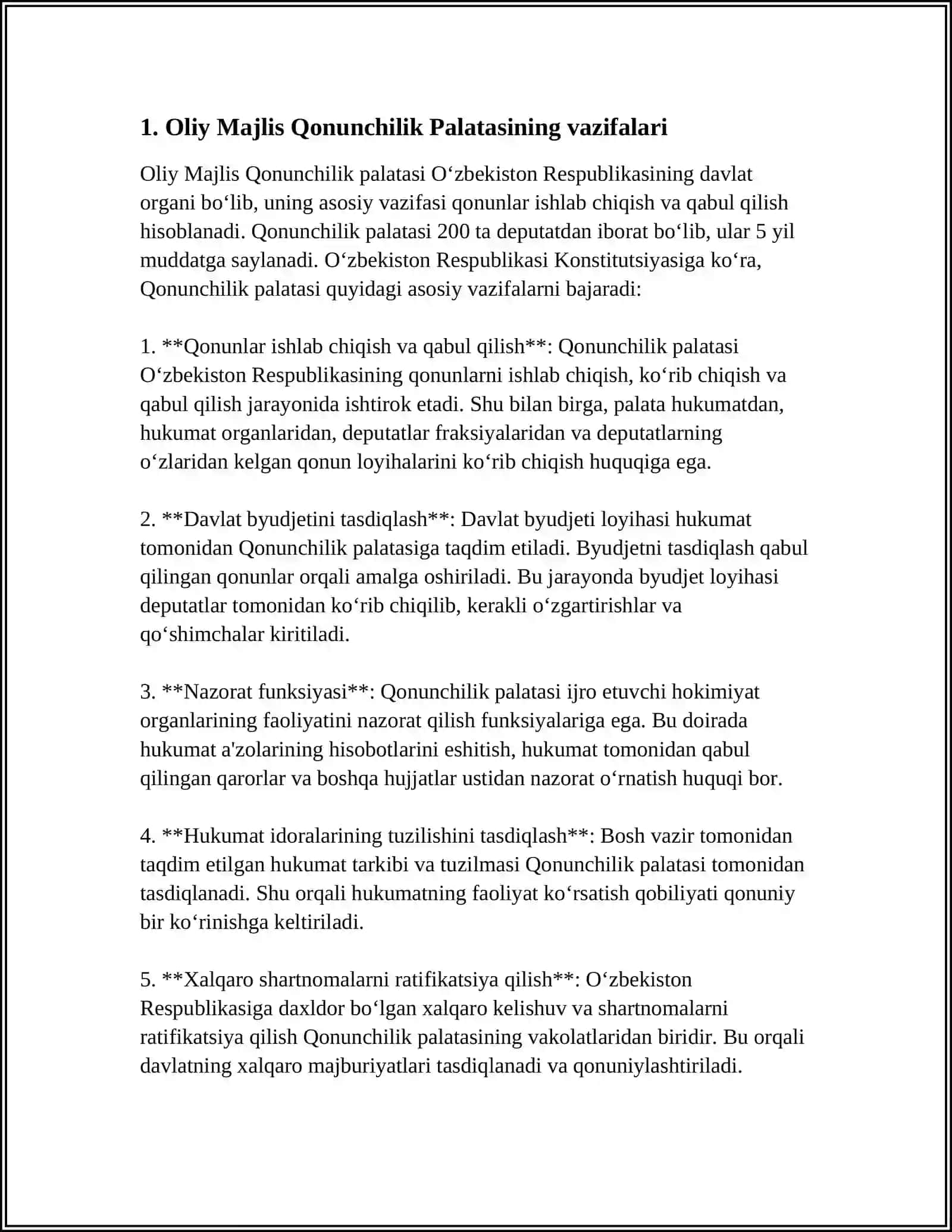 MUSTAQIL ISH Mavzu: OLIY MAJLIS QONUNCHILIK PALATASINING HUQUQIY HOLATI 3