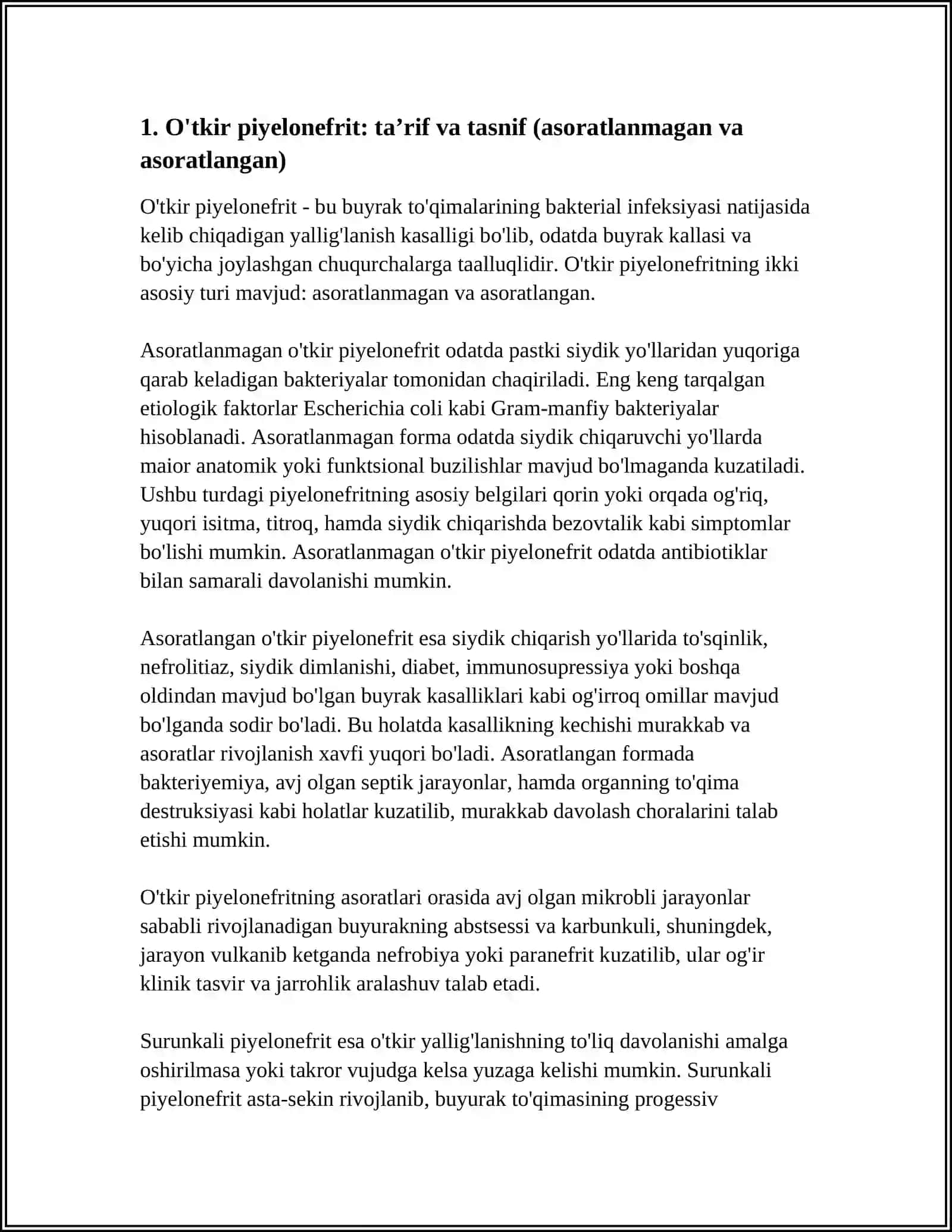 O'TKIR PIYELONEFRIT (ASORATLANMAGAN VA ASORATLANGAN). PIYELONEFRITNING ASORATLARI (ABSSESSI VA KARBUNKUL PARANEFRIT). SURUNKALI PIYELONEFRIT 3