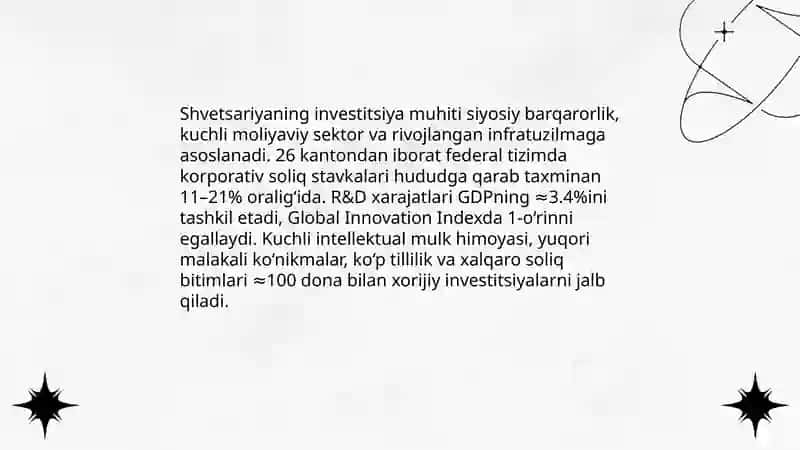 Shvetsariyaning investitsiya muhitining umumiy tavsifi 3